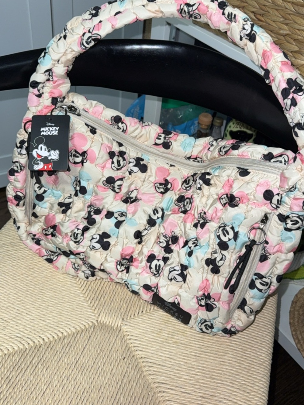 Quilted Tote Bag in Cream with Pink & Blue Accents Disney Mickey
